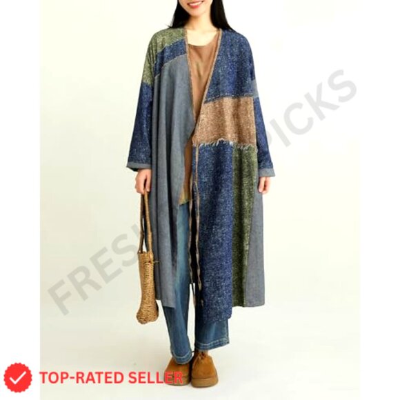 Denim Cardigan Jacket Long Sleeve Tie Waist Patchwork Design Casual Chic - Picture 4 of 7